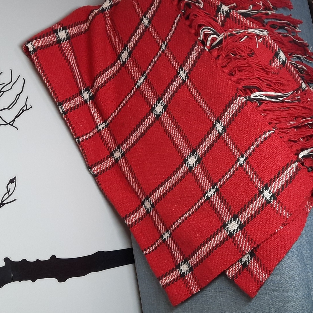 Cotton Throw Blanket Lightweight Fringe Check Pattern Red Black Cream